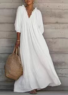 Loose White Ruffled V Neck Cotton Dresses Half Sleeve