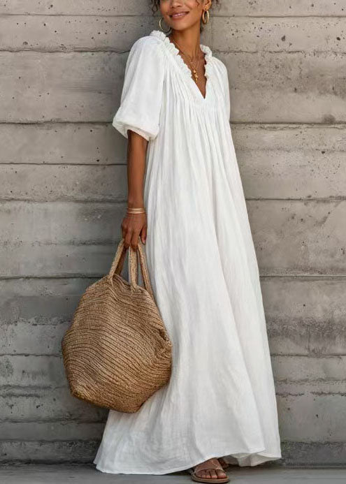 Loose White Ruffled V Neck Cotton Dresses Half Sleeve
