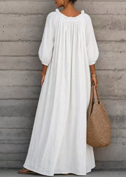 Loose White Ruffled V Neck Cotton Dresses Half Sleeve