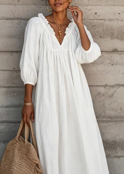Loose White Ruffled V Neck Cotton Dresses Half Sleeve