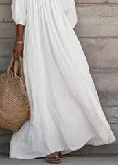 Loose White Ruffled V Neck Cotton Dresses Half Sleeve