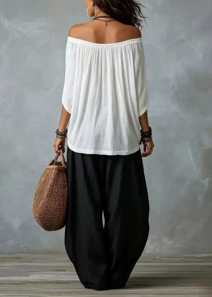 Loose White Slash Neck Women Sets 2 Pieces Batwing Sleeve