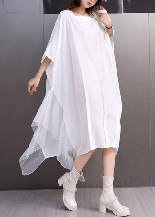 Loose White Square Collar Solid Dress Batwing Sleeve