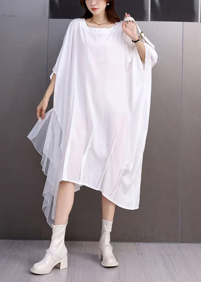 Loose White Square Collar Solid Dress Batwing Sleeve