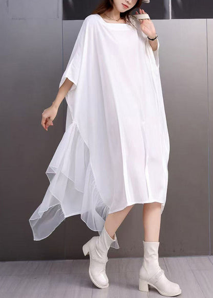 Loose White Square Collar Solid Dress Batwing Sleeve