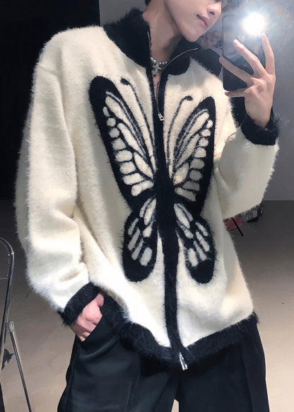 Loose White Stand Collar Zip Up Butterfly Knit Mens Coat Fall