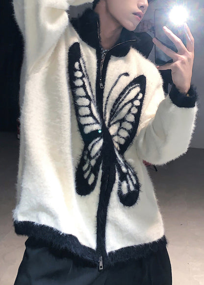 Loose White Stand Collar Zip Up Butterfly Knit Mens Coat Fall
