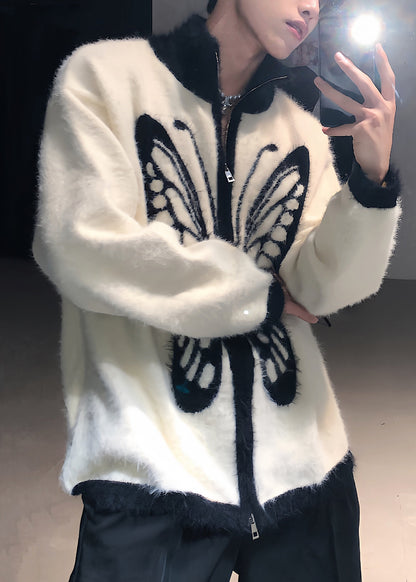 Loose White Stand Collar Zip Up Butterfly Knit Mens Coat Fall