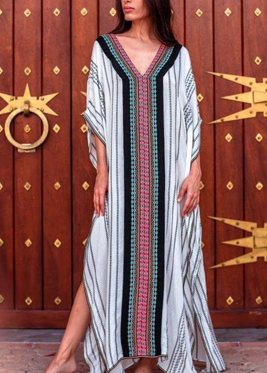 Loose White Striped Patchwork Beach Gown Holiday Cotton Dress - SooLinen