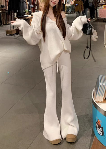 Conjunto de dos piezas de punto holgado, blanco, con escote en V y cintura elástica, para otoño