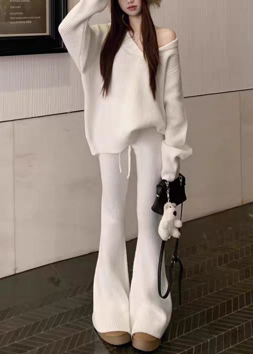 Conjunto de dos piezas de punto holgado, blanco, con escote en V y cintura elástica, para otoño