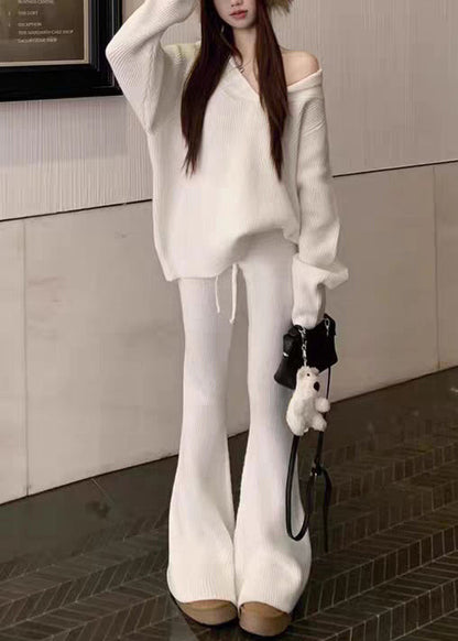Conjunto de dos piezas de punto holgado, blanco, con escote en V y cintura elástica, para otoño