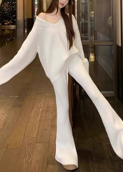 Conjunto de dos piezas de punto holgado, blanco, con escote en V y cintura elástica, para otoño
