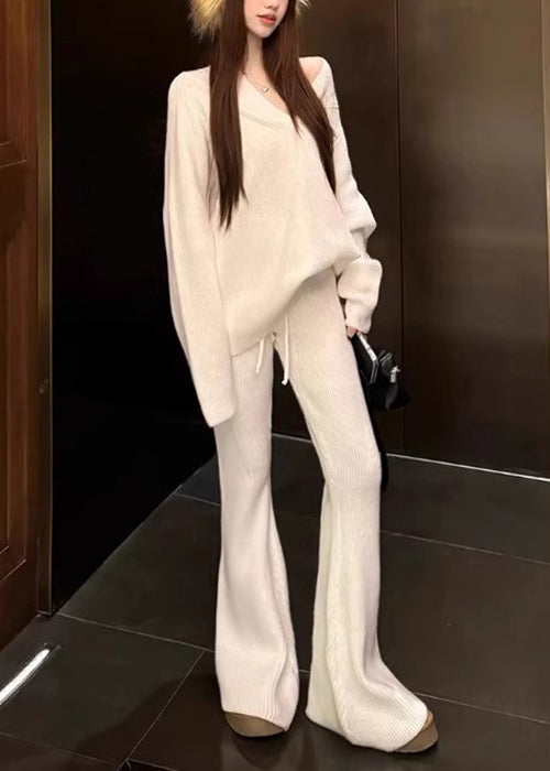 Conjunto de dos piezas de punto holgado, blanco, con escote en V y cintura elástica, para otoño
