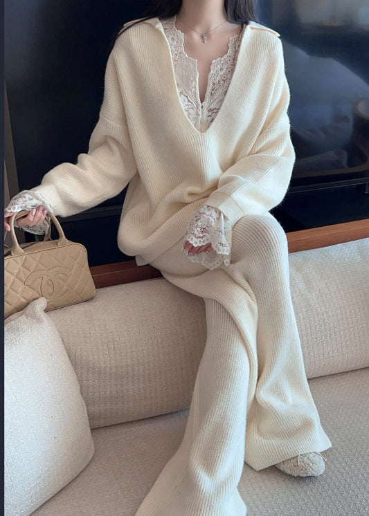Conjunto de dos piezas de punto holgado de jersey y pantalón blanco con cuello en V, para otoño