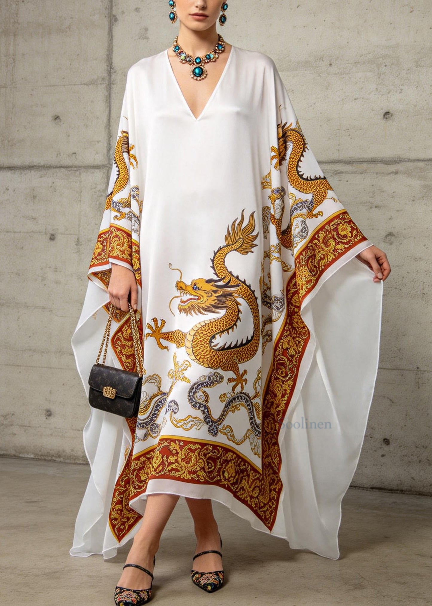 Loose White V Neck Oriental Print Chiffon Dress Batwing Sleeve