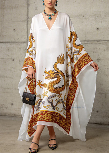 Loose White V Neck Oriental Print Chiffon Dress Batwing Sleeve