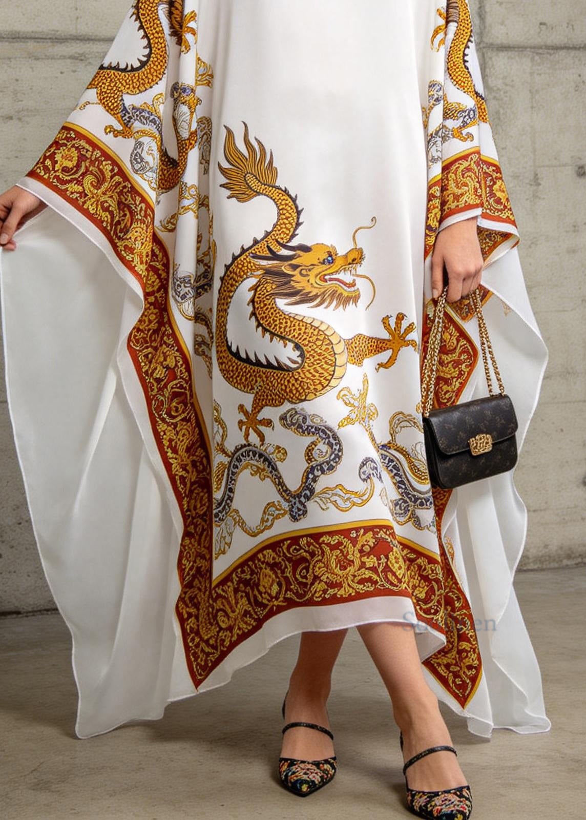 Loose White V Neck Oriental Print Chiffon Dress Batwing Sleeve