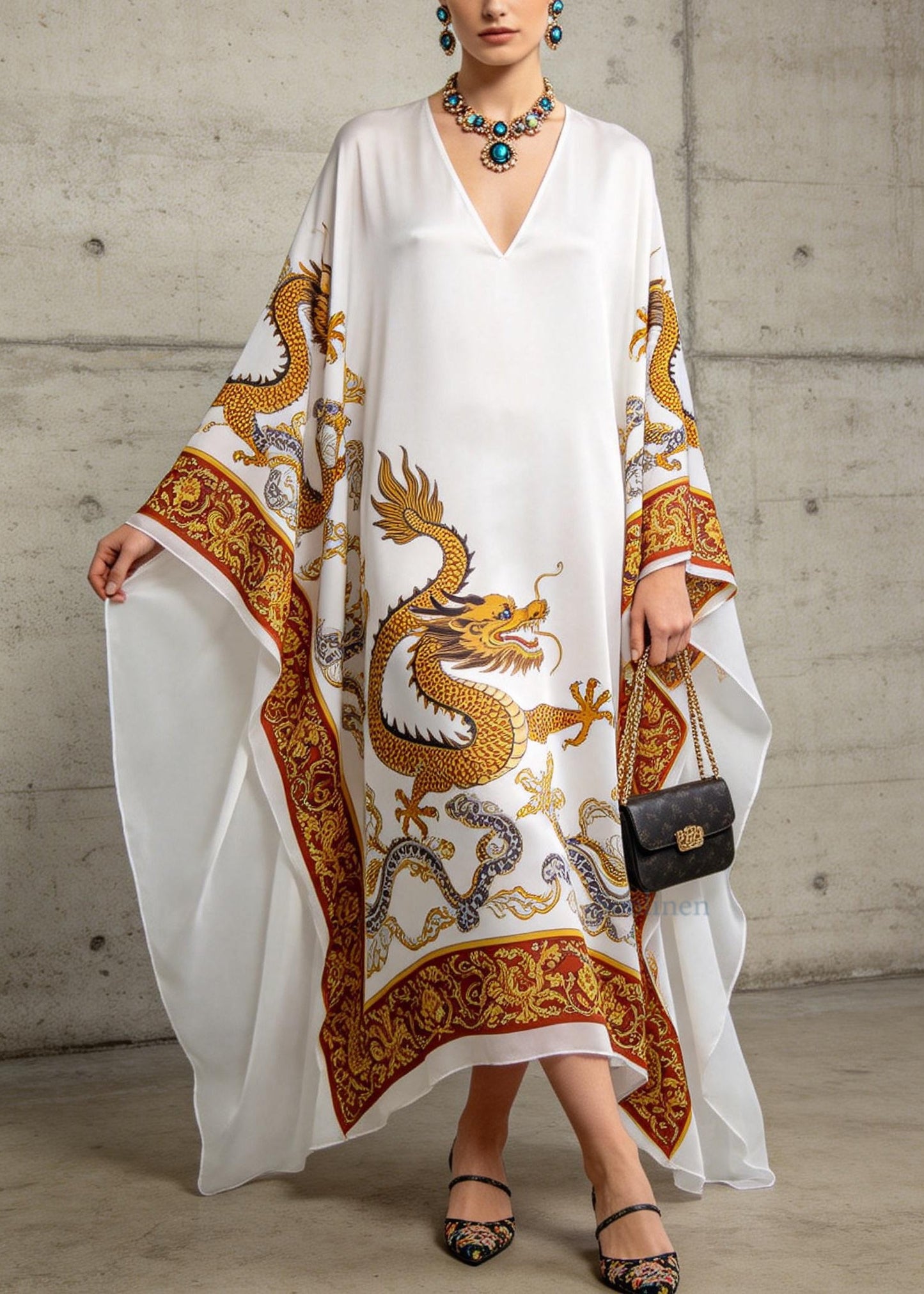 Loose White V Neck Oriental Print Chiffon Dress Batwing Sleeve