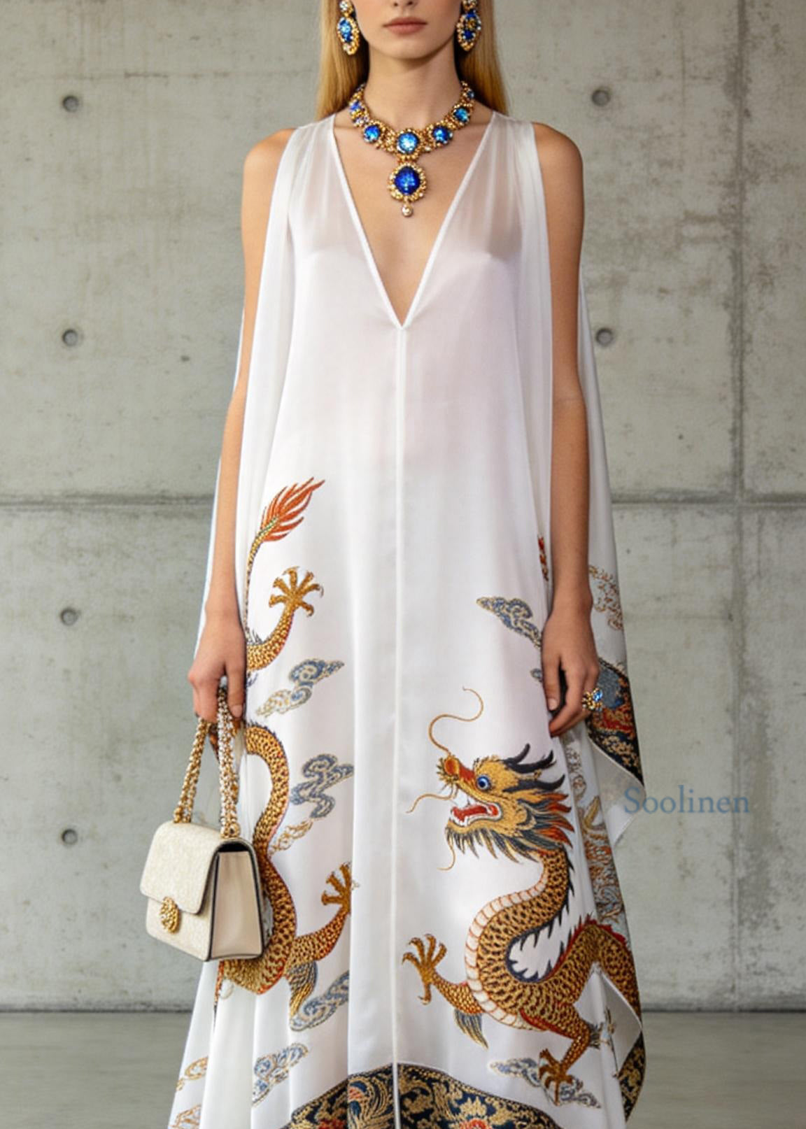 Loose White V Neck Oriental Print Chiffon Dresses Sleeveless