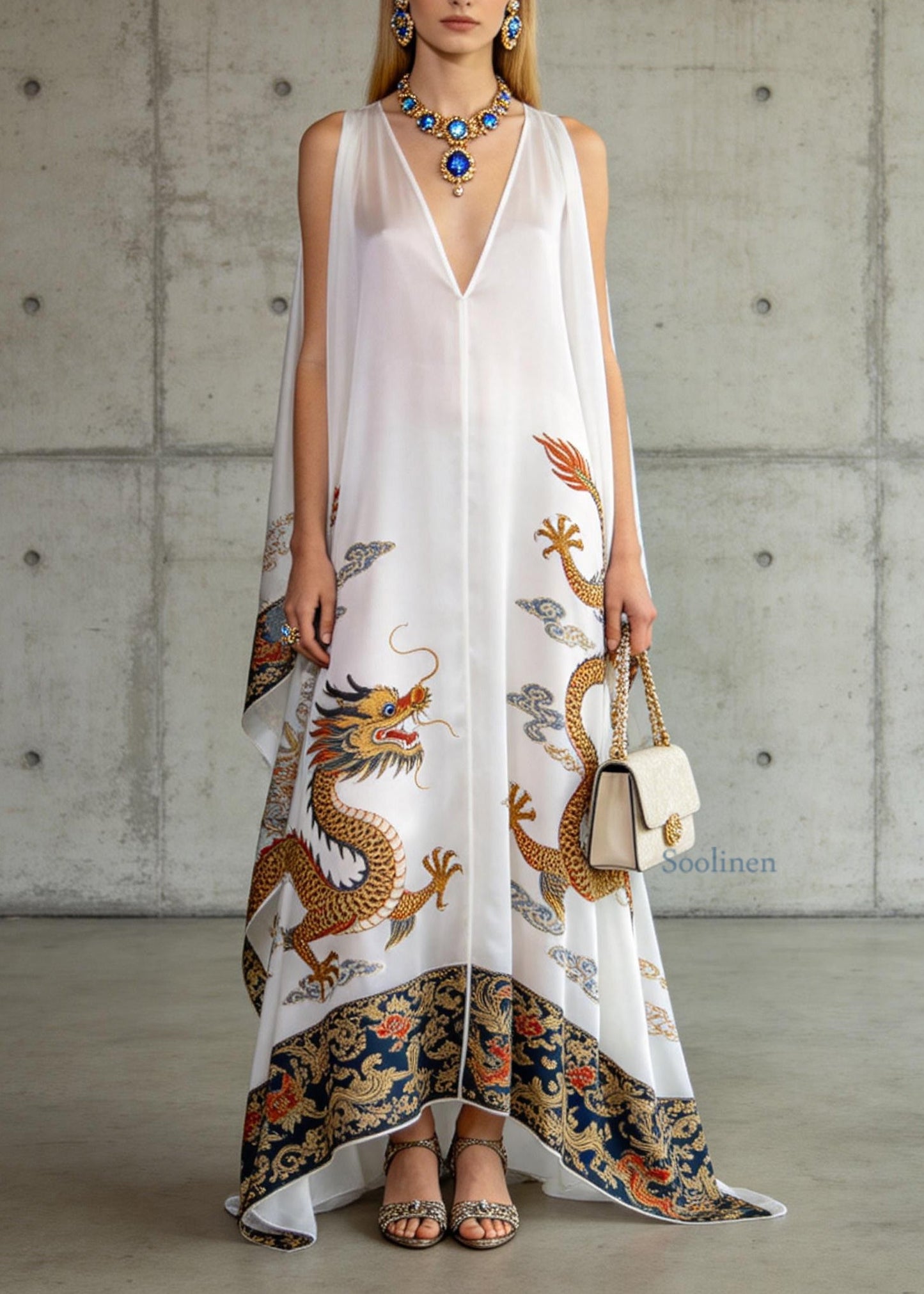 Loose White V Neck Oriental Print Chiffon Dresses Sleeveless