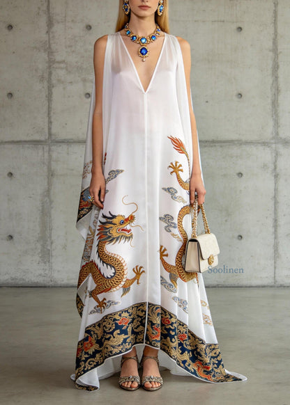 Loose White V Neck Oriental Print Chiffon Dresses Sleeveless