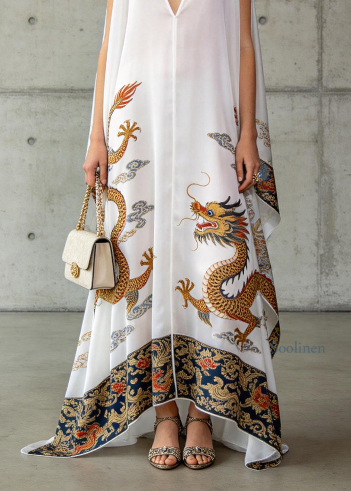 Loose White V Neck Oriental Print Chiffon Dresses Sleeveless