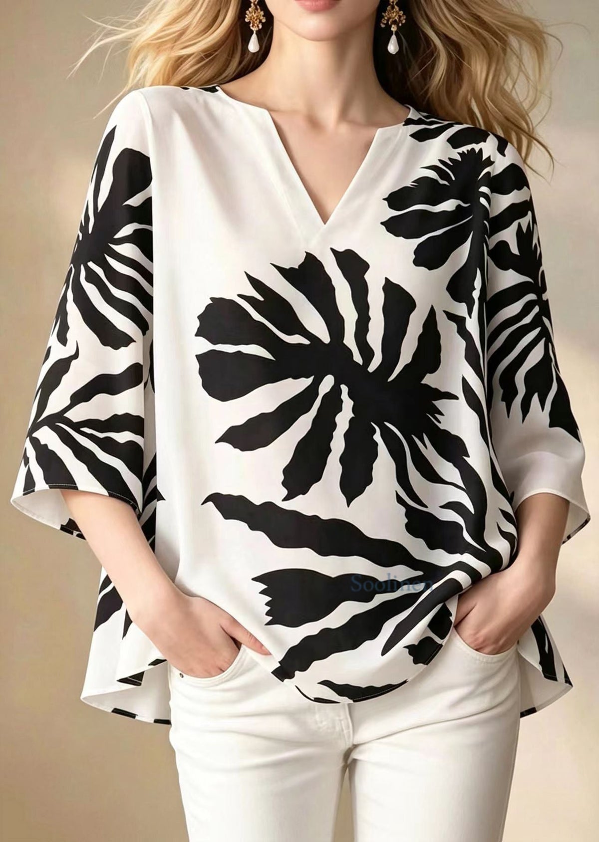Loose White V Neck Print Chiffon Shirt Top Summer