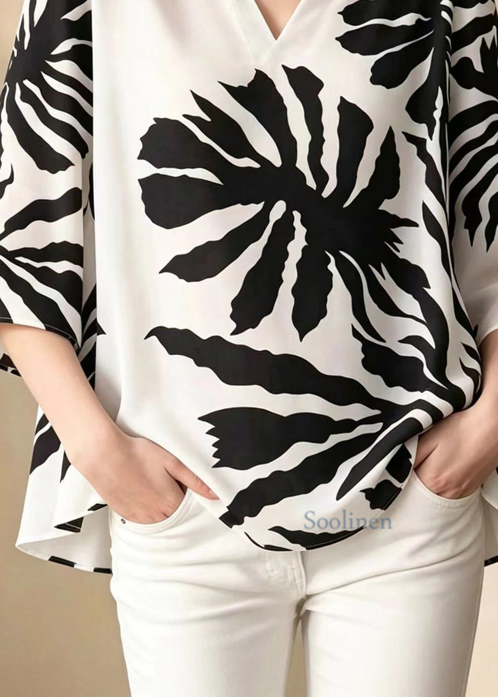 Loose White V Neck Print Chiffon Shirt Top Summer