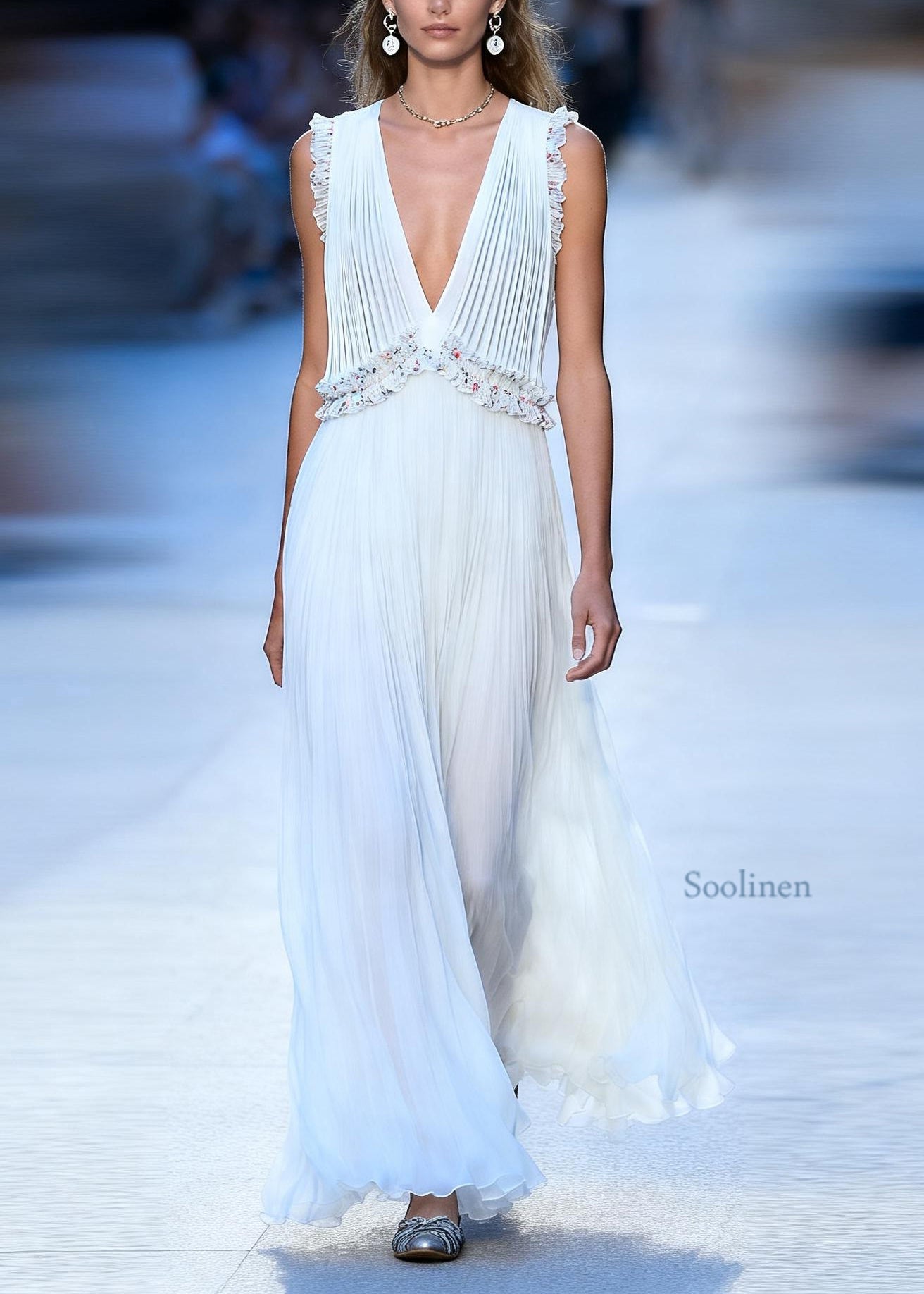 Loose White V Neck Ruffled Floral Patchwork Chiffon Maxi Dress Sleeveless