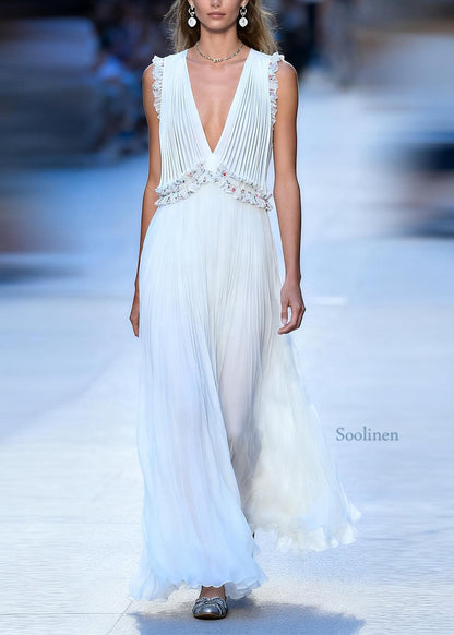 Loose White V Neck Ruffled Floral Patchwork Chiffon Maxi Dress Sleeveless