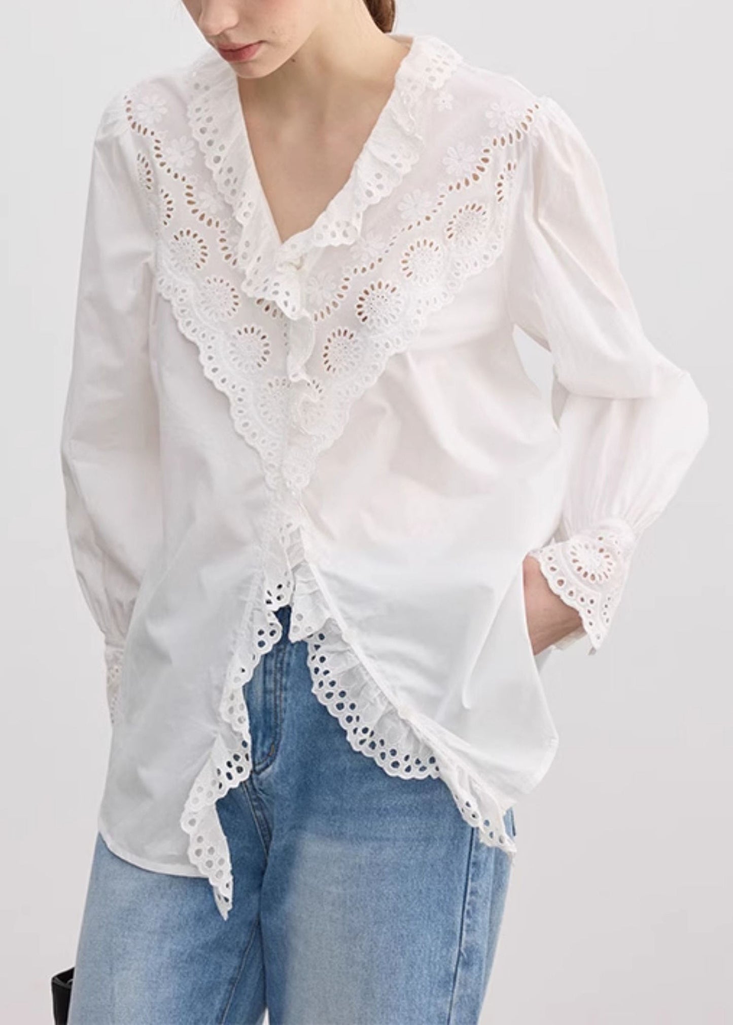 Loose White V Neck Ruffled Hollow Out Cotton Tops Fall