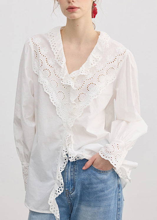 Loose White V Neck Ruffled Hollow Out Cotton Tops Fall