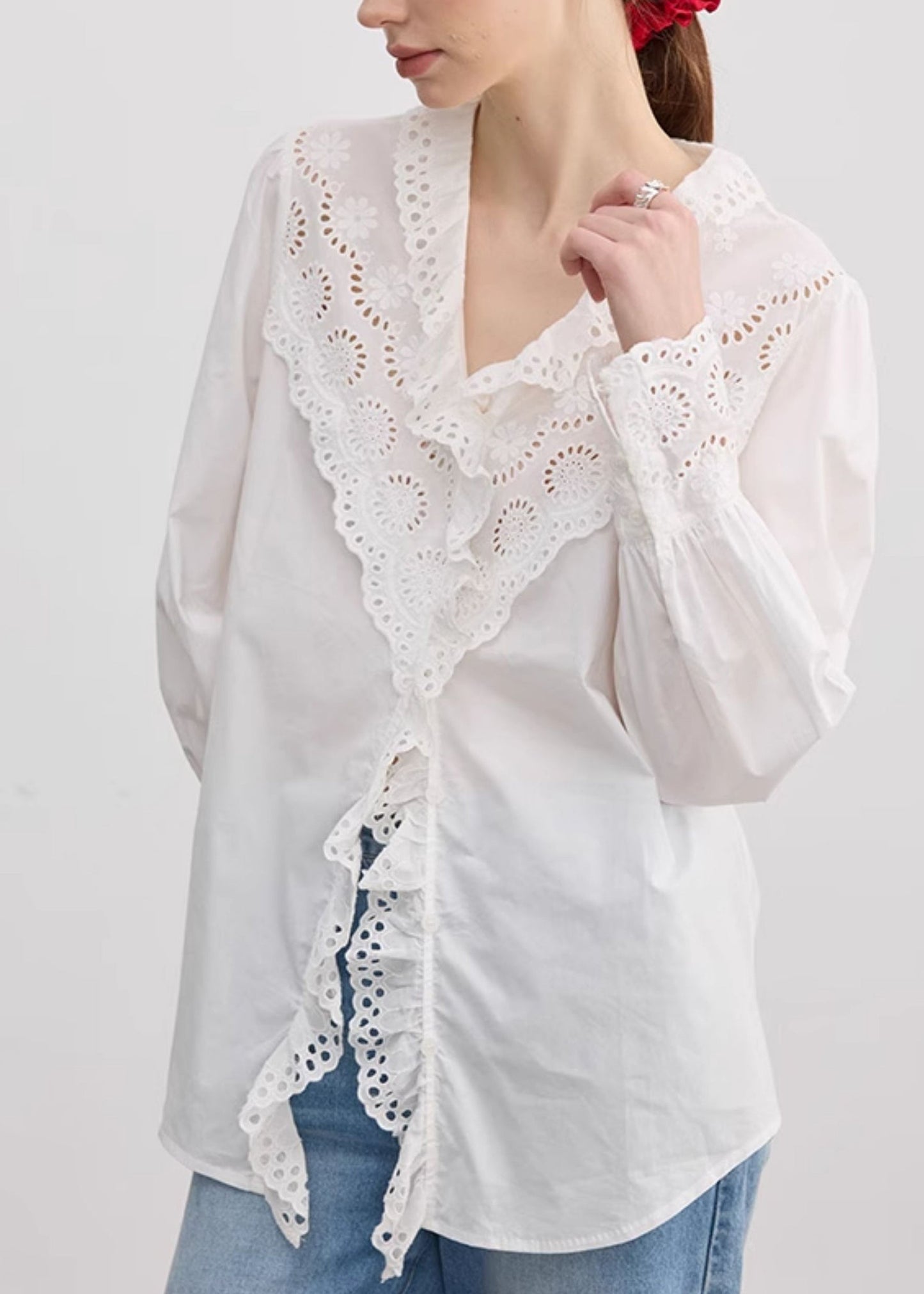 Loose White V Neck Ruffled Hollow Out Cotton Tops Fall