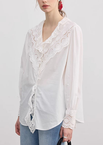 Loose White V Neck Ruffled Hollow Out Cotton Tops Fall