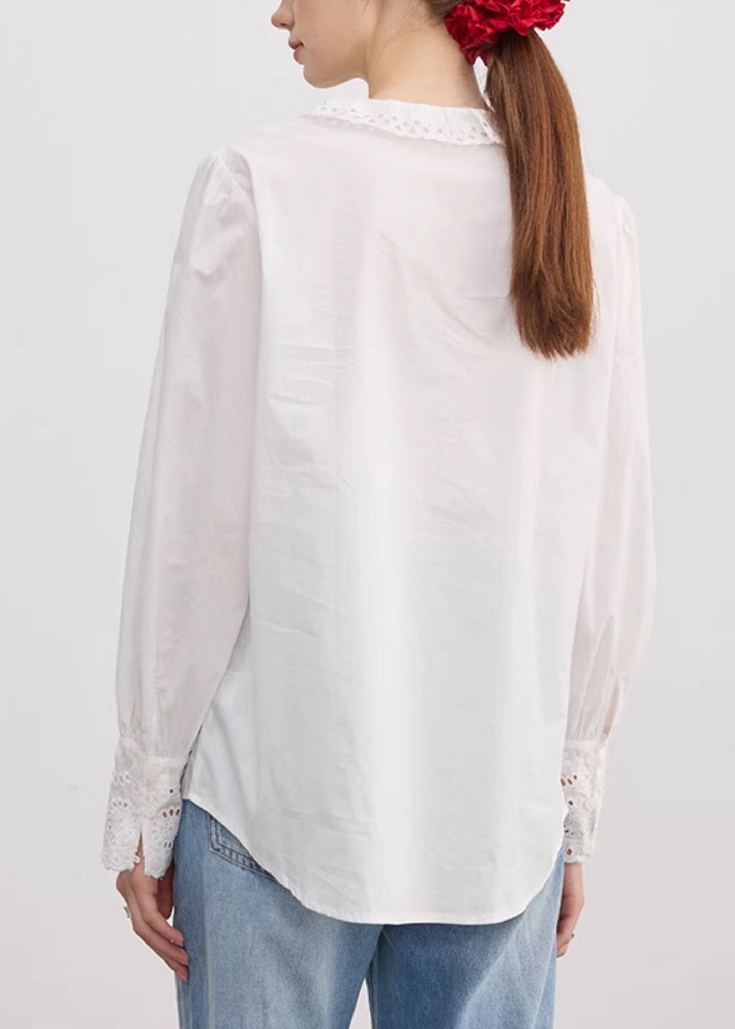 Loose White V Neck Ruffled Hollow Out Cotton Tops Fall