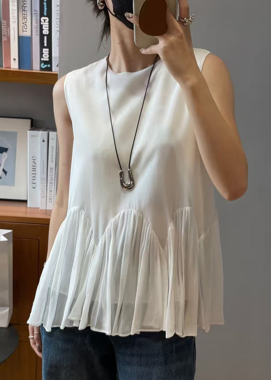 Loose White Wrinkled Solid Chiffon Two-Piece Set Sleeveless