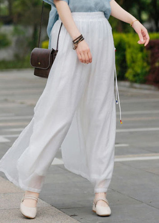 Lose Weiße elastische taille Bestickte Leinen Hosen Frühling
