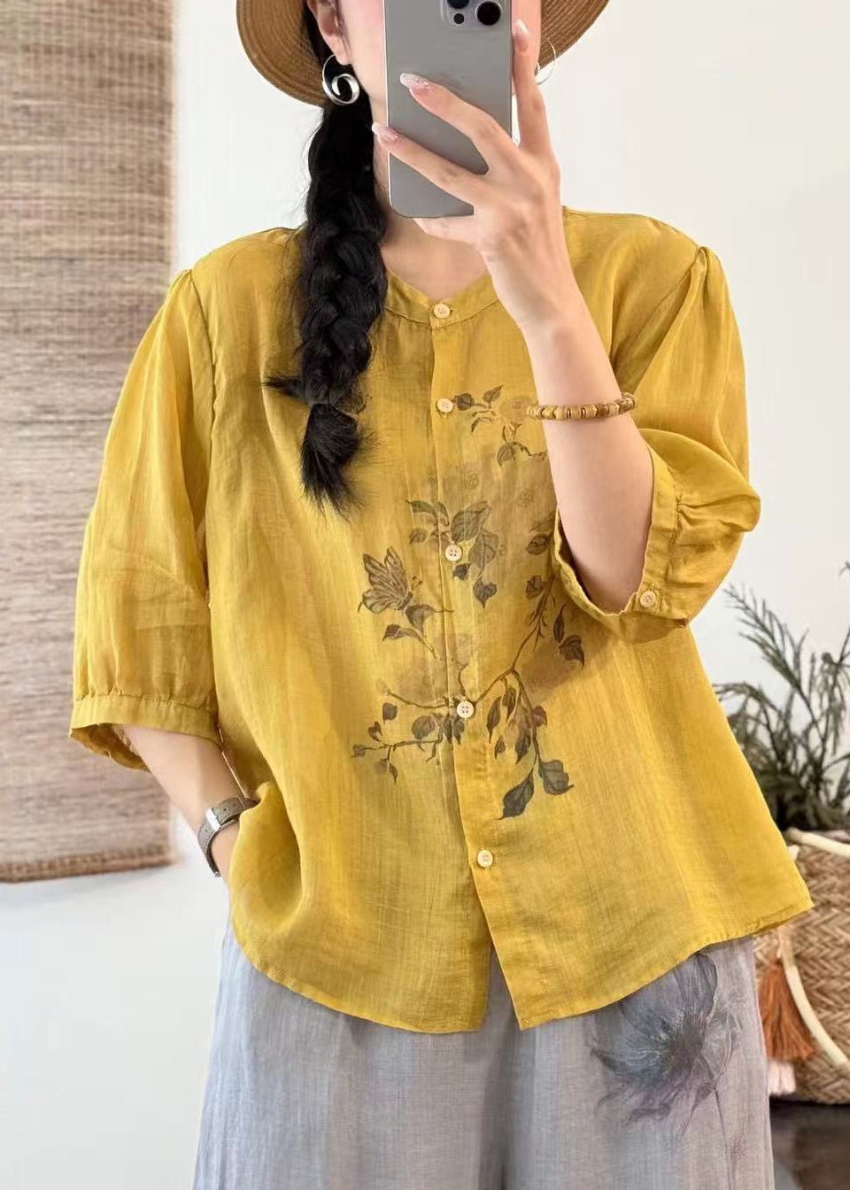 Loose Yellow Button Print Linen Shirts Half Sleeve