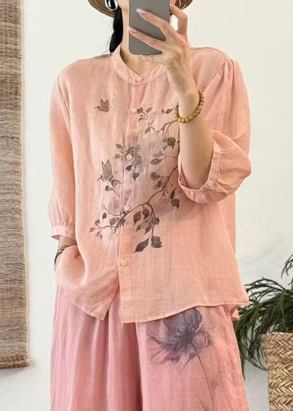 Loose Yellow Button Print Linen Shirts Half Sleeve