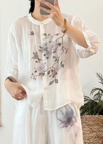 Loose Yellow Button Print Linen Shirts Half Sleeve