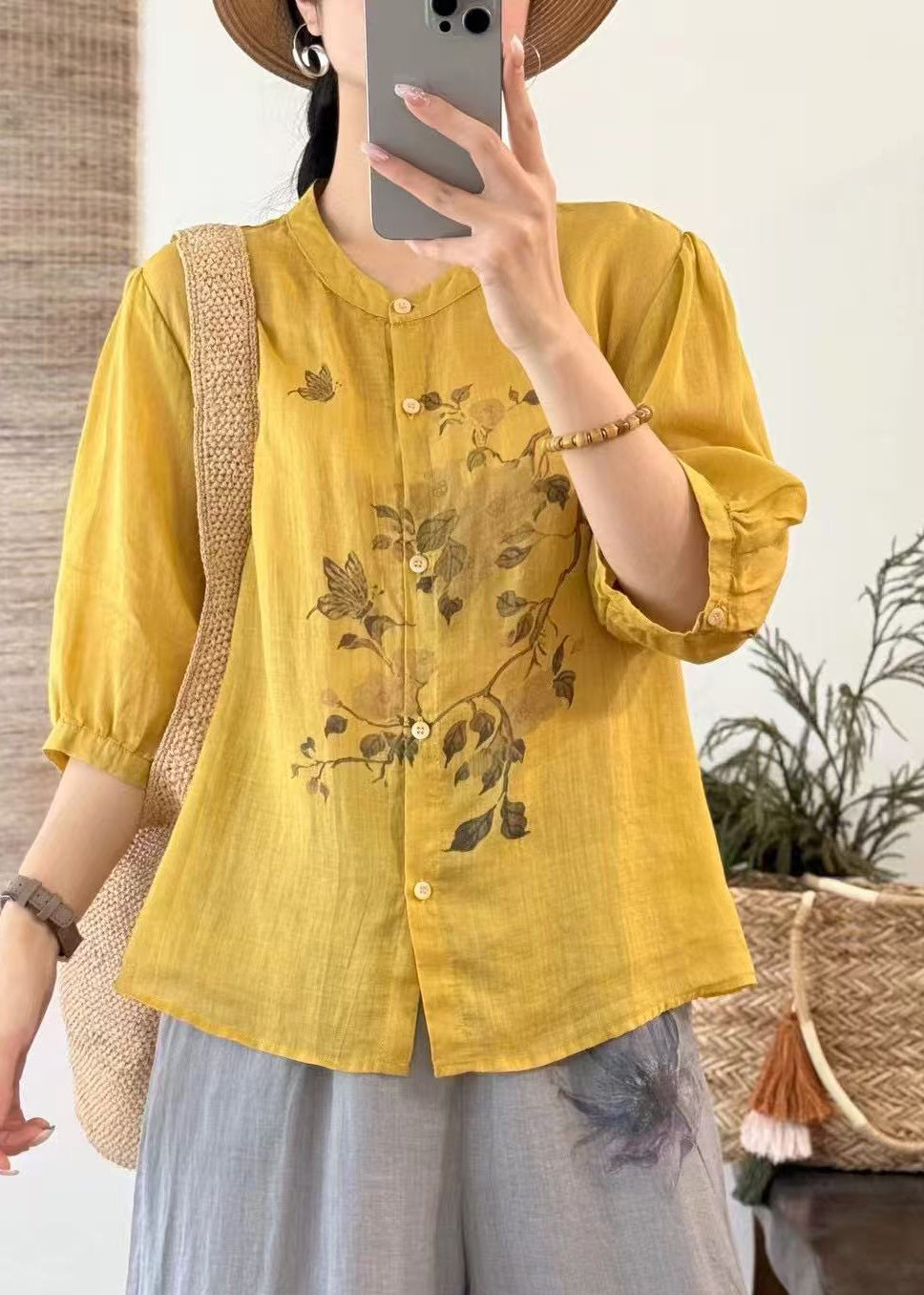 Loose Yellow Button Print Linen Shirts Half Sleeve