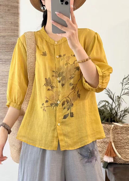 Loose Yellow Button Print Linen Shirts Half Sleeve