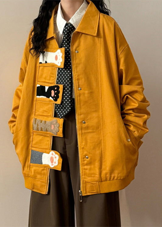 Loose Yellow Cat Paw Zippered Pockets Cotton Coats Spring