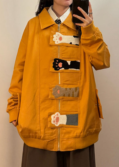Loose Yellow Cat Paw Zippered Pockets Cotton Coats Spring