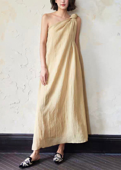 Loose Yellow Cold Shoulder Solid Linen Long Dress Sleeveless