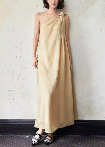 Loose Yellow Cold Shoulder Solid Linen Long Dress Sleeveless