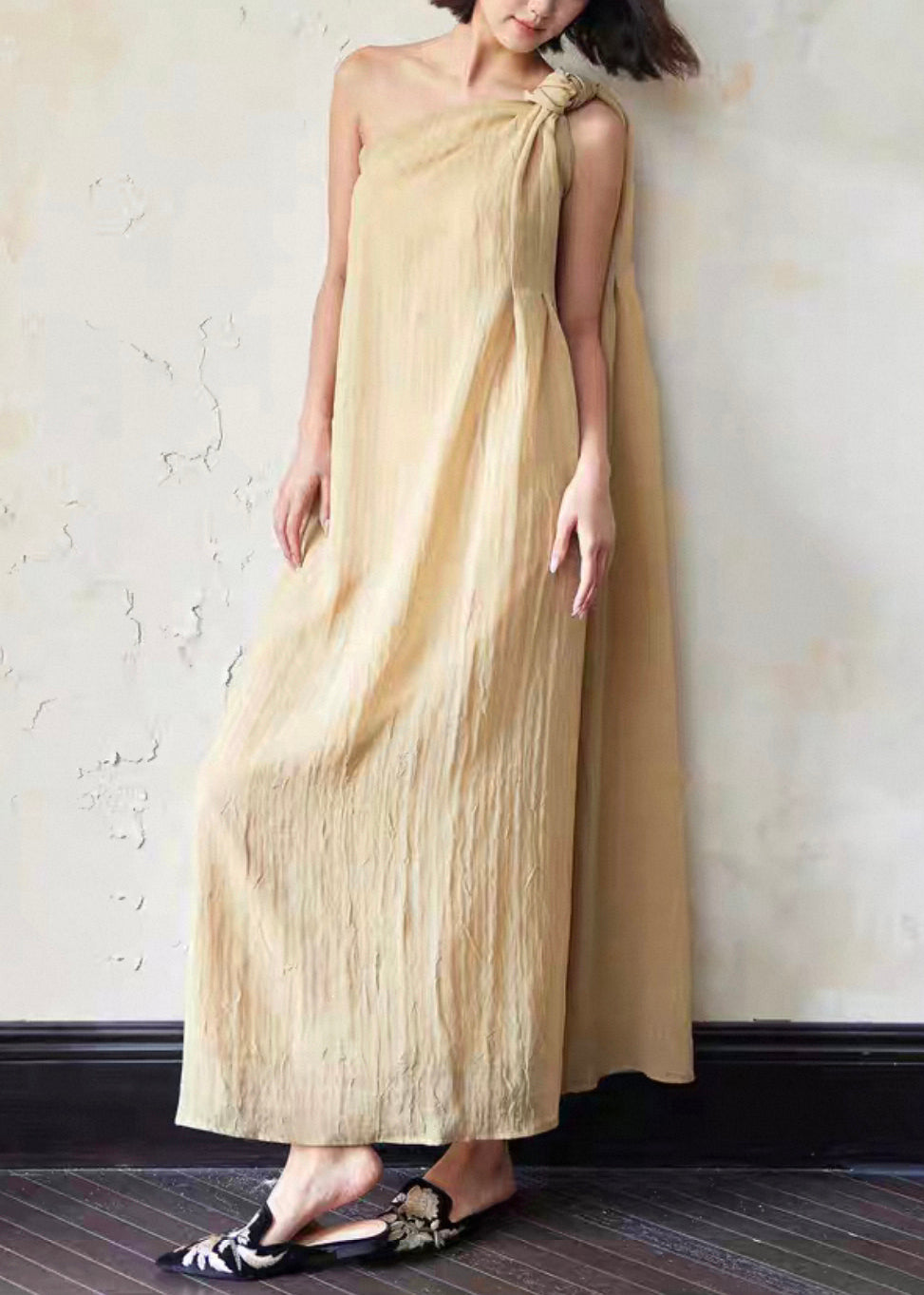 Loose Yellow Cold Shoulder Solid Linen Long Dress Sleeveless