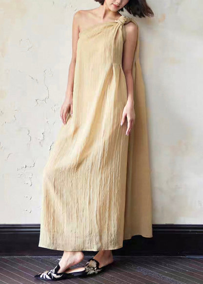 Loose Yellow Cold Shoulder Solid Linen Long Dress Sleeveless