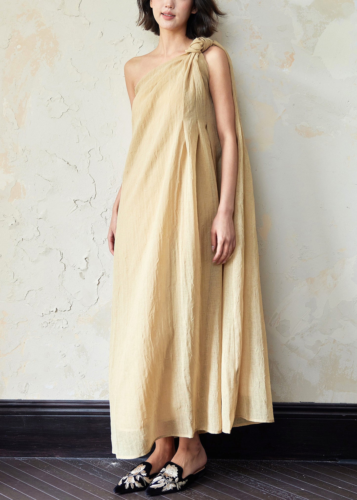Loose Yellow Cold Shoulder Solid Linen Long Dress Sleeveless